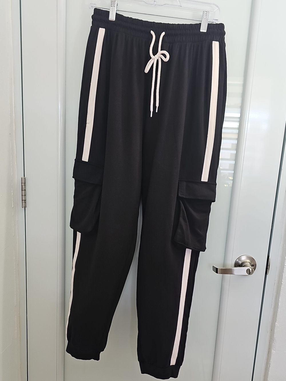 Charlotte Russe Black Cargo Joggers with White Side Stripes - Size Large